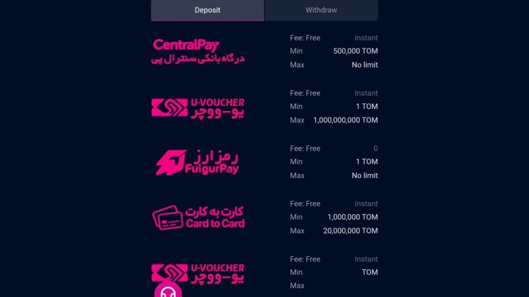 روش های واریز و برداشت